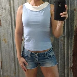 Sleeveless Form Fitting Baby Blue Duck Head Shirt With Fold Over Neck